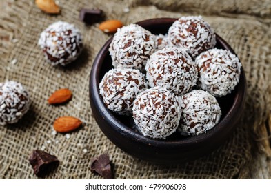 Raw Vegan Almond Butter Coconut Chocolate Balls. Toning. Selective Focus