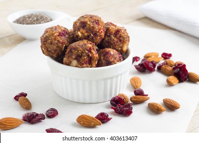 Raw, vegan, healthy energy balls with nuts, chia seed and dried fruits.