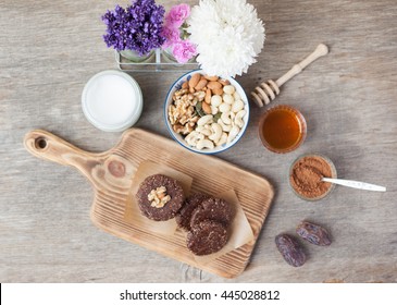 Raw Vegan Paleo Style Gluten Free Cookies, Made With Nuts, Coconut Oil, Honey And Dates, Selective Focus, Top View