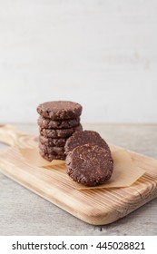 Raw Vegan Paleo Style Gluten Free Cookies, Made With Nuts, Coconut Oil, Honey And Dates, Selective Focus