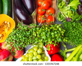 Raw vegetables and fruits background. Healthy organic food concept - Shutterstock ID 1331967248