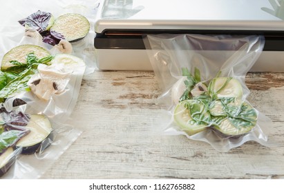 Raw vegetables and mushroom in vacuum package. Sous-vide, new technology cuisine. Horizontal.