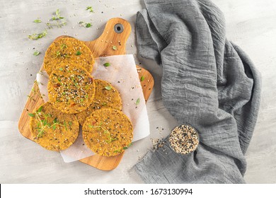 Raw Veggie Burger With Lentils, Vegetables And Thyme Leaves On Kitchen Countertop. Top View. Flat Lay