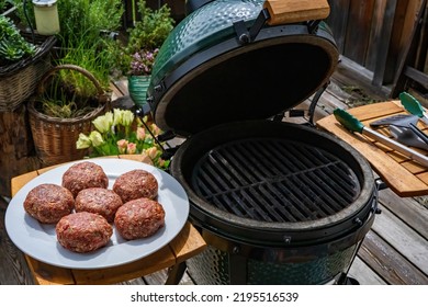 Raw Venison Burger Are Ready For Grilling On A Charcoal Grill 