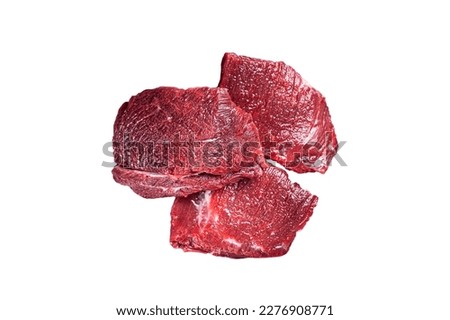 Raw Venison dear meat on butcher cutting board, game meat. Isolated on white background