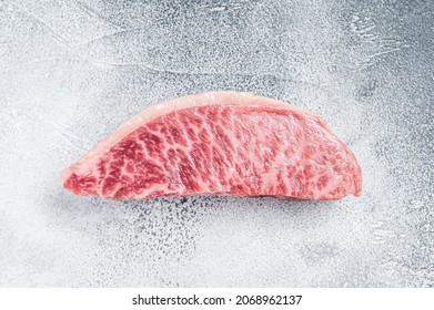 Raw Wagyu Rump Sirloin Steak, Kobe Beef Meat. White Background. Top View