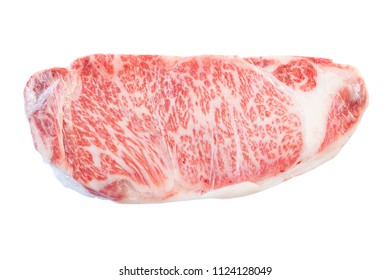 Raw Wagyu Sirloin Beef Wrapped In Plastic Wrap Isolated On White Background. Japanese Beef