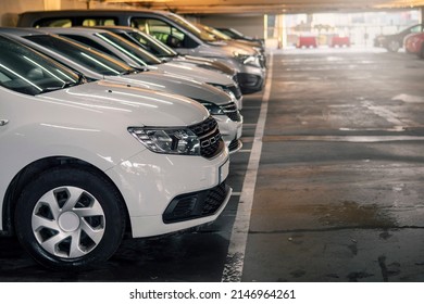 Raw of white cars in a car park or dealership. Car sale industry. Simplification and cost reduction concept. Popular color for a vehicle.  - Shutterstock ID 2146964261