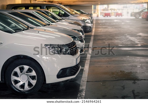 Raw of white cars in a car park or dealership.\
Car sale industry. Simplification and cost reduction concept.\
Popular color for a vehicle.\
