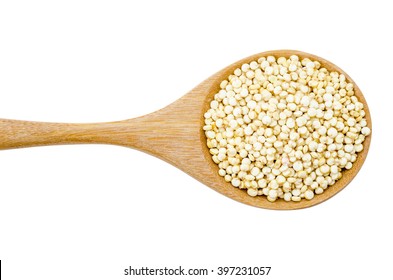 Raw white quinoa seeds in wooden spoon isolated on white background, Clpiing path.