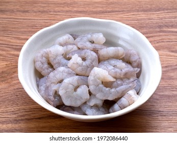 Raw Whiteleg Shrimp Peeled On A Plate.