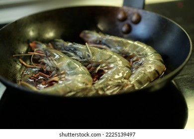 Raw Whole Shrimp Prawns In Pan