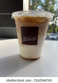 Rawang, Malaysia - May 27th 2022 : Close Up Coffee Ice Latte Mc Donald Mc Cafe