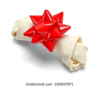 Rawhide Dog Bone with Red Christmas Bow.