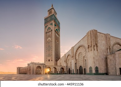 Ray of light at Hassan II Mosque, largest mosque in Morocco. Shot after sunset at blue hour in Casablanca.