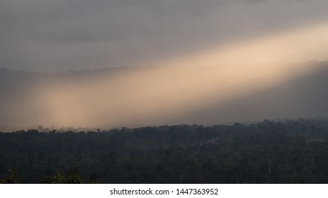 Ray of light shining through clouds to green forest in a foggy morning