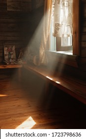 Ray Of Light From The Window. A Beam Of Light Through The Window. The Old Hut. Inside A Traditional Hut. Russian Life. 