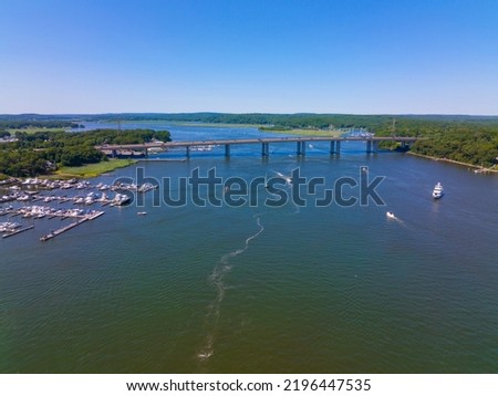 Raymond E. Baldwin Bridge crossing the Connecticut River at the mouth between town of Old Saybrook and Old Lyme, Connecticut CT, USA. The bridge carries Interstate Highway 95 and US route 1 traffic. 