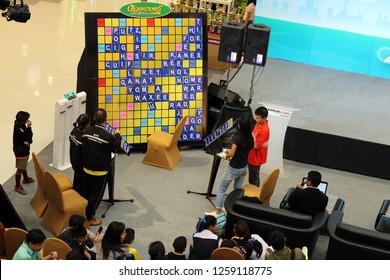 Rayong, Thailand - December 16th, 2018: A Crossword Or Scrabble Word Game Is Played On An Oversized Board For Promotional Purposes In Central Festival Shopping Center, Rayong, Eastern Thailand.