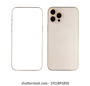 Rayong, Thailand- January 27, 2021:  New Gold Color Iphone 12 Pro Max, Front And Back Side. Smartphone Mock Up With White Screen. Illustration For App, Web, Presentation, Design.