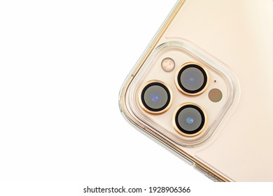 Rayong, Thailand - January 27, 2021: A Studio Product Shot Of Apple’s IPhone 12Pro Max Mobile Phone In Gold Set On White Background.