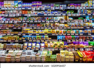 Rayong , Thailand - January 6 , 2018 : Varieties Of Import Cheese On Shelf In The TOP Supermarket. Thailand Have To Import Many Kind Of Dairy Product Except Fresh Milk That From Local Farm