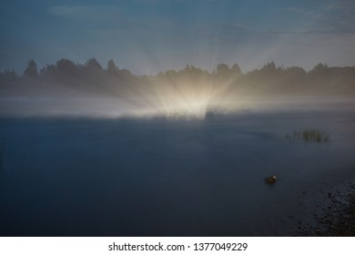 Rays of light from headlights fall on the surface of the river against the background of night fog.