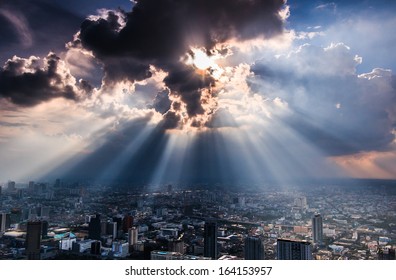 Rays Of Light Shining Through Dark Clouds City Bangkok, Thailand