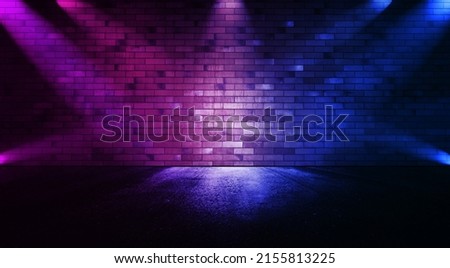 Rays neon light on neon brick wall. Empty scene background.