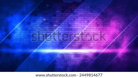 Rays neon light on neon brick wall with smoke. Empty scene.	
