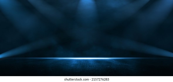 Rays, spotlights light. Empty dark scene with blue light. Asphalt blue dark street with smoke. - Shutterstock ID 2157276283