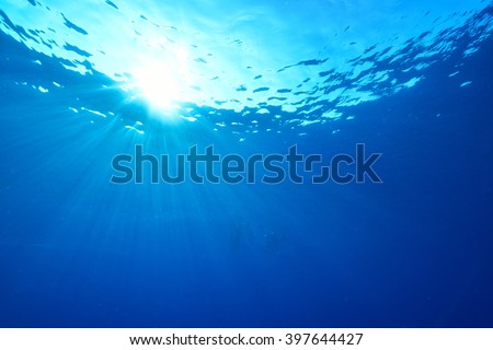 Rays of sunlight shining into sea, underwater view
