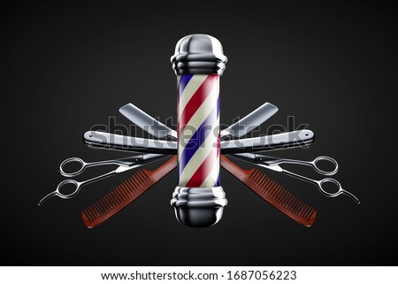 Razor, scissor and comb with pole emblem background concept. Barbershop background concept.
