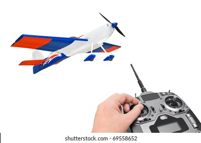 RC plane and radio remote control isolated on white background