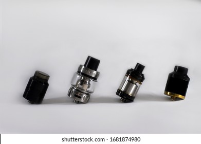 RDA, RDTA, RTA atomizer. Various models of atomizers for box modes, mechanical modes and vaporizers. Vaping device. Macro. White background. 
