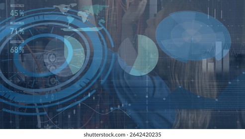 Reaching female IT technician organizing Ethernet cables in data center, with digital overlays. Technology, data, cybersecurity, innovation, networking, digital, infrastructure