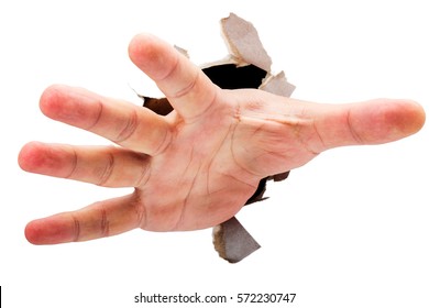 Reaching hand breaking through ripped paper. - Shutterstock ID 572230747