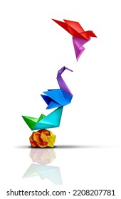 Reaching higher and success transformation or Transform and rise to succeed or improving concept and leadership in business through innovation or evolution with paper origami changed for the better.  - Shutterstock ID 2208207781