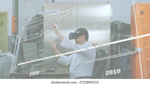 Reaching lab-coated man gesturing at virtual UI on bench with VR headset timeline circuit overlays. Laboratory, engineer, futuristic, technology, innovation, desaturated, monitor