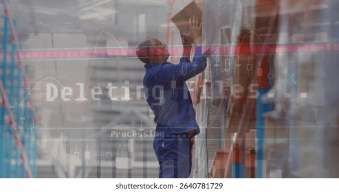 Reaching warehouse worker wearing blue coveralls grabbing box on high metal rack, chart overlay. Industrial, logistics, inventory, productivity, efficiency, workspace, data