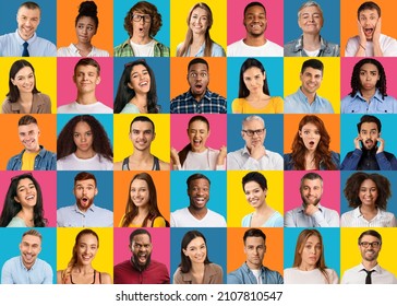 Reaction And Human Emotions Concept. Composite Photo Collage Of Group Of Diverse People With Different Variety Of Facial Expressions. Mosaic Set Of Smiling Excited Surprised Multicultural Team