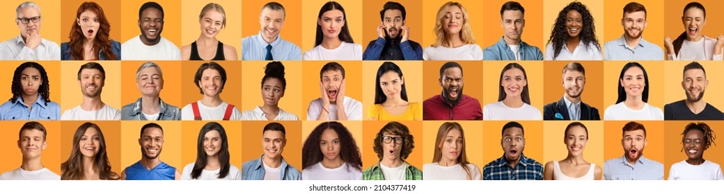 Reaction And Human Emotions Concept. Composition collage of diverse group people with different variety of facial expressions. Mosaic set of smiling excited surprised multicultural team, panorama
