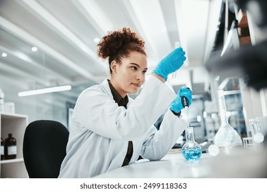 Reaction, science and solution with woman in laboratory for breakthrough, innovation or research. Beaker, liquid and pharmaceuticals with scientist at work on cure, medicine or vaccine development - Powered by Shutterstock