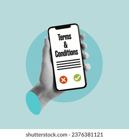 Read terms and conditions, Terms and Conditions, virtual conditions, accept terms, reject terms and conditions, hand with cell phone, legend on cell phone, online contract, contract on 