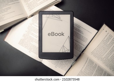 Readers. Digital e book, library reader tablet with books on dark background. Ebook, e learning electronic internet mobility concept