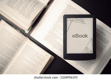 Readers. Digital e book, library reader tablet with books on dark background. Ebook, e learning electronic internet mobility concept