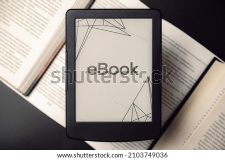 Readers. Digital e book, library reader tablet with books on dark background. Ebook, e learning electronic internet mobility concept