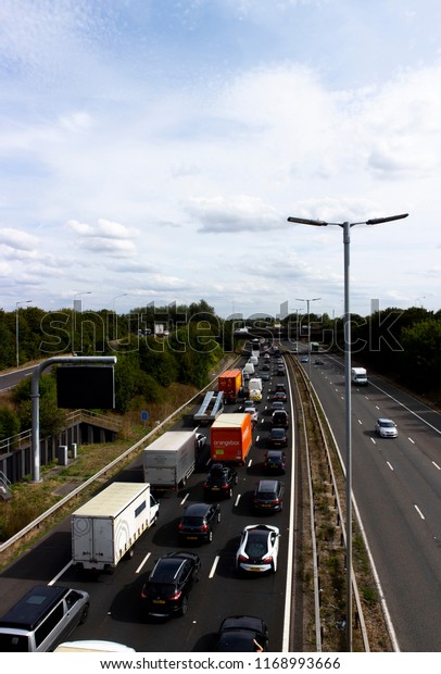 Reading, Berkshire, England - August 30, 2018:\
traffic jam due to accident on M4 motorway at junction 12, road\
runs between London and\
Wales