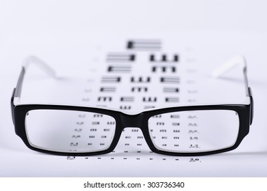 Reading Black Eyeglasses And Eye Chart Close-up On A Light Background