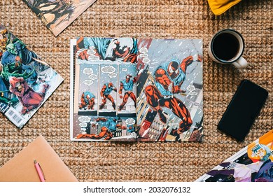 Reading Comic Books And Manga On The Carpet At Cozy Home. Rostov-on-Don, Russia - August 22 2021